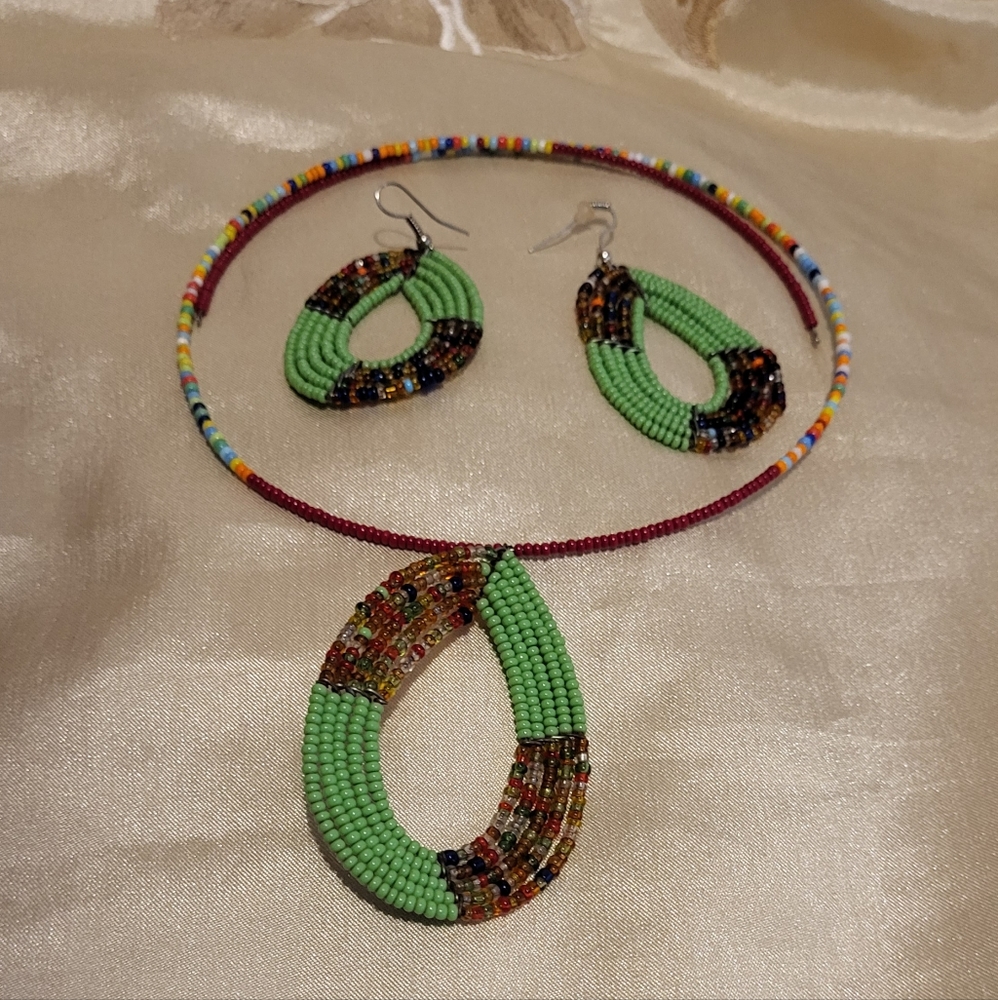 Green and multi colored African necklace and earrings